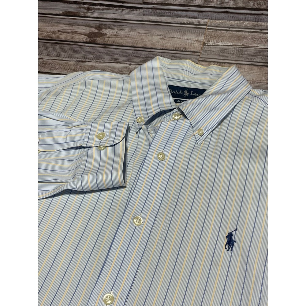 Ralph Lauren Striped Shirt Mens Long Sleeve Button Down Blue Yellow‎ 15.5 34/35